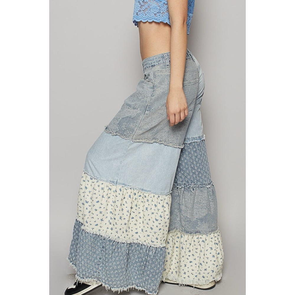 Mixed Denim & Floral Tiered Ruffle Exaggerated Wide Leg Patchwork Jeans - Picture 5 of 9